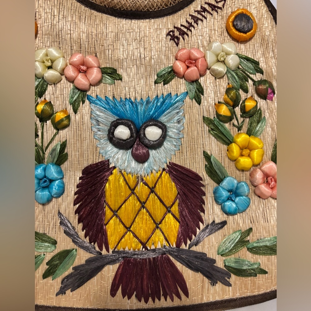 Straw Wood Handle Bag | 3D Silk Flowers & Owl | Bahamas Souvenir Style - Picture 2 of 5